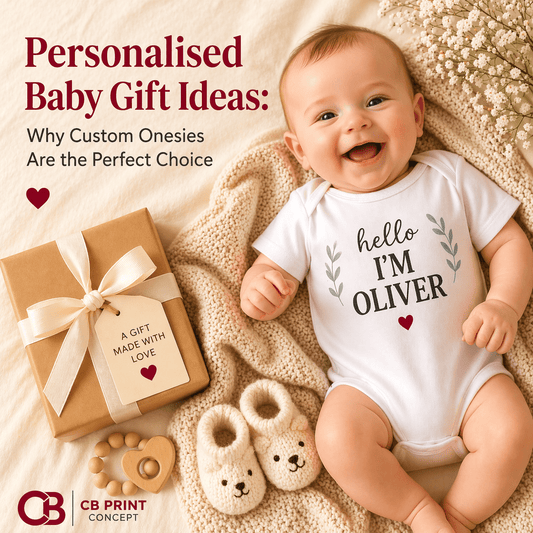 Smiling baby wearing personalised onesie with custom name print, ideal baby gift from CB Print Concept