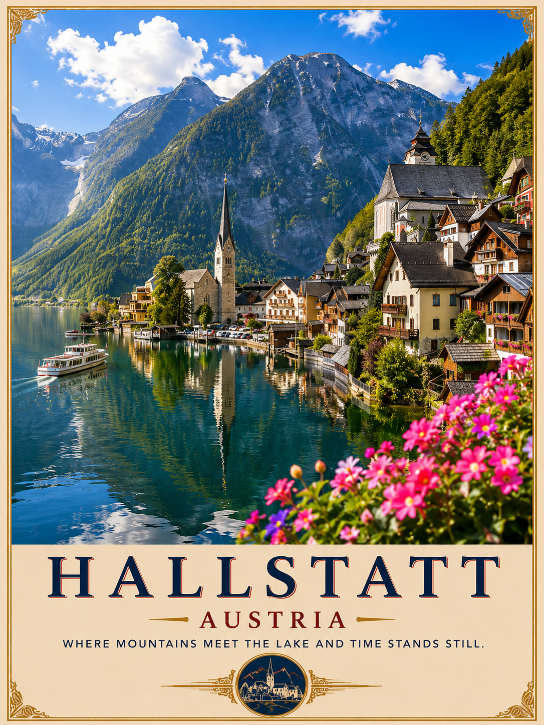 Hallstatt poster featuring the picturesque Austrian lakeside village, colourful Alpine houses, Lake Hallstatt and the Dachstein Mountains in a premium vintage travel poster style.