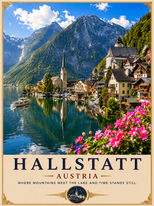 Hallstatt poster featuring the picturesque Austrian lakeside village, colourful Alpine houses, Lake Hallstatt and the Dachstein Mountains in a premium vintage travel poster style.