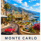 Luxury Monte Carlo Monaco travel poster featuring Casino de Monte-Carlo, luxury yachts, palm-lined boulevard and Mediterranean Riviera architecture in vibrant vintage style.