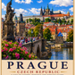 Luxury Prague travel poster featuring Charles Bridge, Prague Castle, St. Vitus Cathedral, colourful historic architecture and a bright blue summer sky.