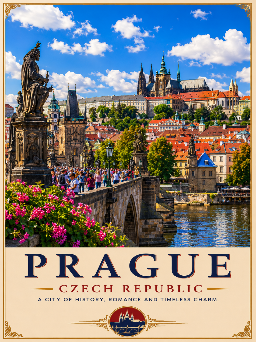 Luxury Prague travel poster featuring Charles Bridge, Prague Castle, St. Vitus Cathedral, colourful historic architecture and a bright blue summer sky.
