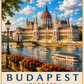 Budapest Travel Poster featuring the Hungarian Parliament Building, Chain Bridge and Danube River in a vibrant vintage-inspired travel poster design.