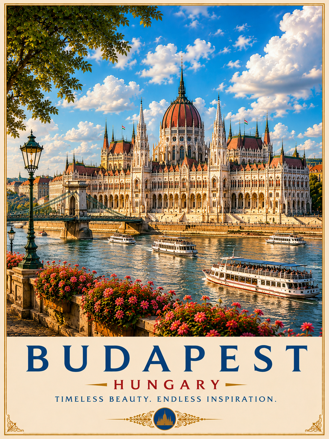 Budapest Travel Poster featuring the Hungarian Parliament Building, Chain Bridge and Danube River in a vibrant vintage-inspired travel poster design.
