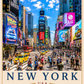 New York Times Square travel poster featuring iconic yellow taxis, colourful billboards, towering Manhattan skyscrapers and busy city streets in a luxury vintage travel poster style.