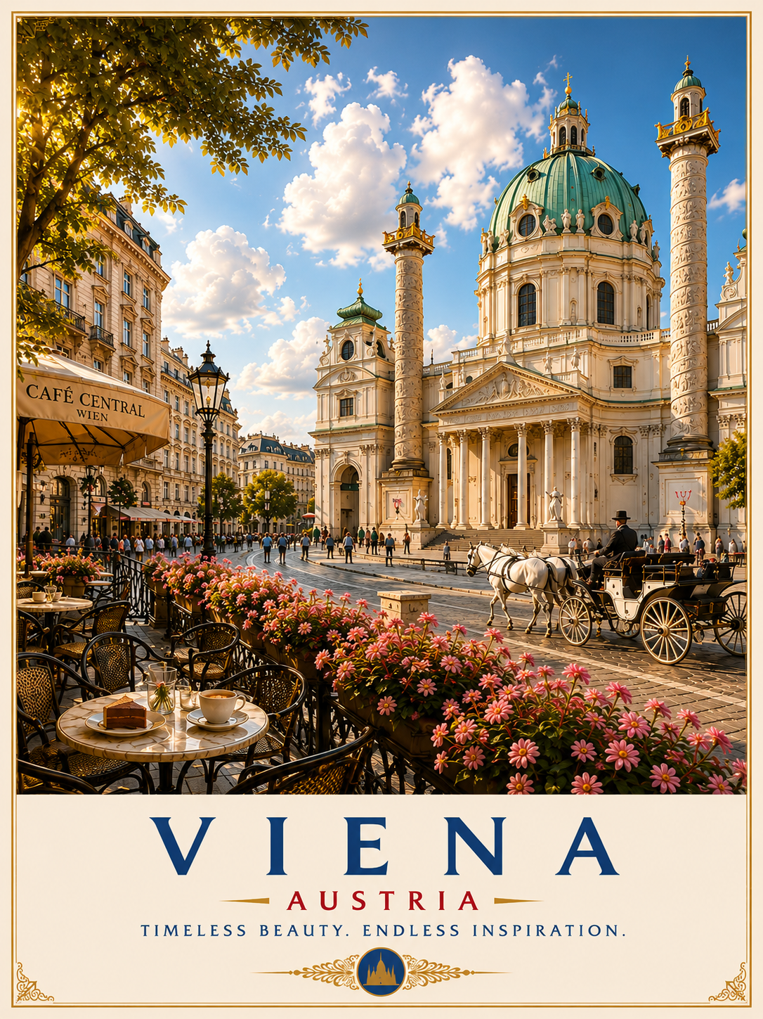 Vienna travel poster featuring Karlskirche, elegant cafés, horse-drawn carriage and historic Austrian architecture under a bright blue sky.