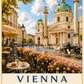 Vienna travel poster featuring Karlskirche, elegant cafés, horse-drawn carriage and historic Austrian architecture under a bright blue sky.