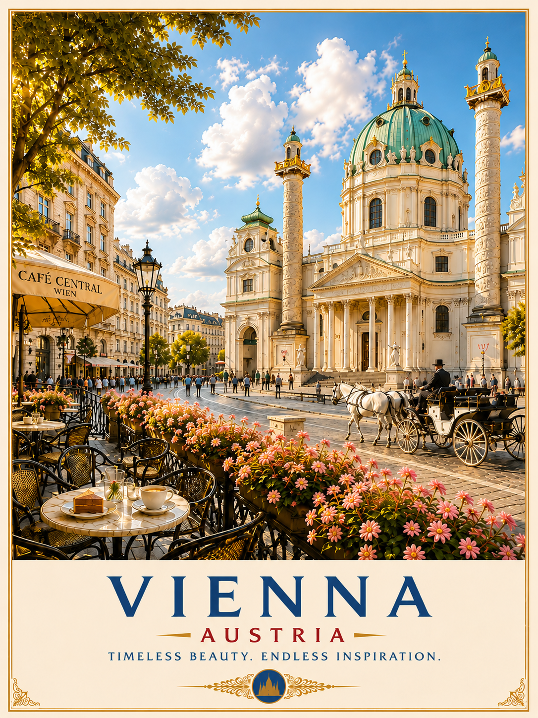 Vienna travel poster featuring Karlskirche, elegant cafés, horse-drawn carriage and historic Austrian architecture under a bright blue sky.