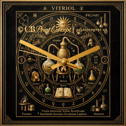 Alchemical Lab Emblem glass wall clock featuring antique laboratory vessels, hermetic symbols and gold detailing on black. A distinctive 30 × 30 cm design.