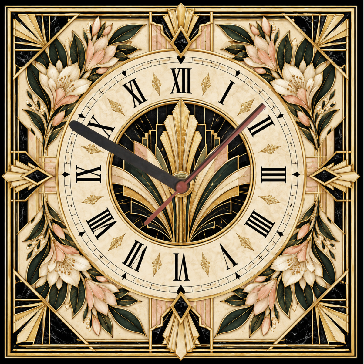 Square Art Deco botanical glass wall clock with Roman numerals, cream dial, blush flowers, dark green leaves and antique-gold geometric detailing