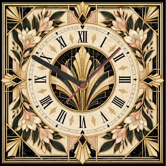 Square Art Deco botanical glass wall clock with Roman numerals, cream dial, blush flowers, dark green leaves and antique-gold geometric detailing