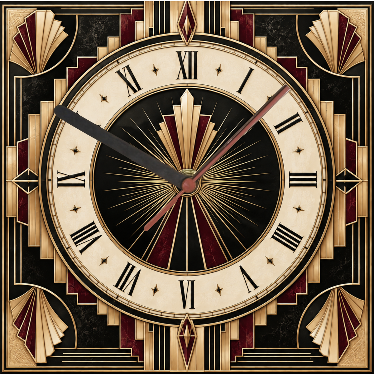Square Art Deco glass wall clock with Roman numerals, black and cream dial, burgundy accents, antique-gold geometry and central sunburst design