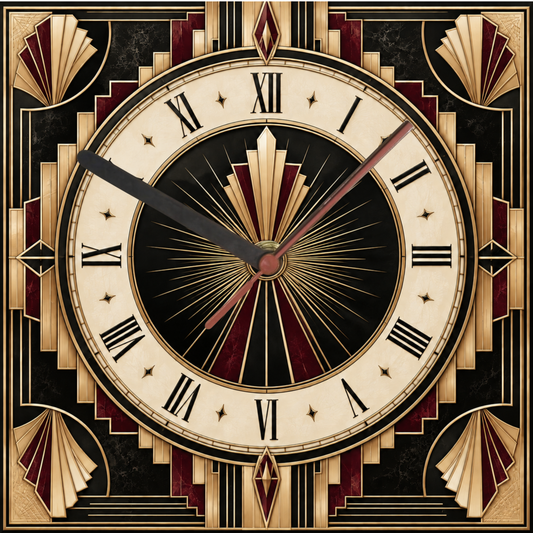Square Art Deco glass wall clock with Roman numerals, black and cream dial, burgundy accents, antique-gold geometry and central sunburst design