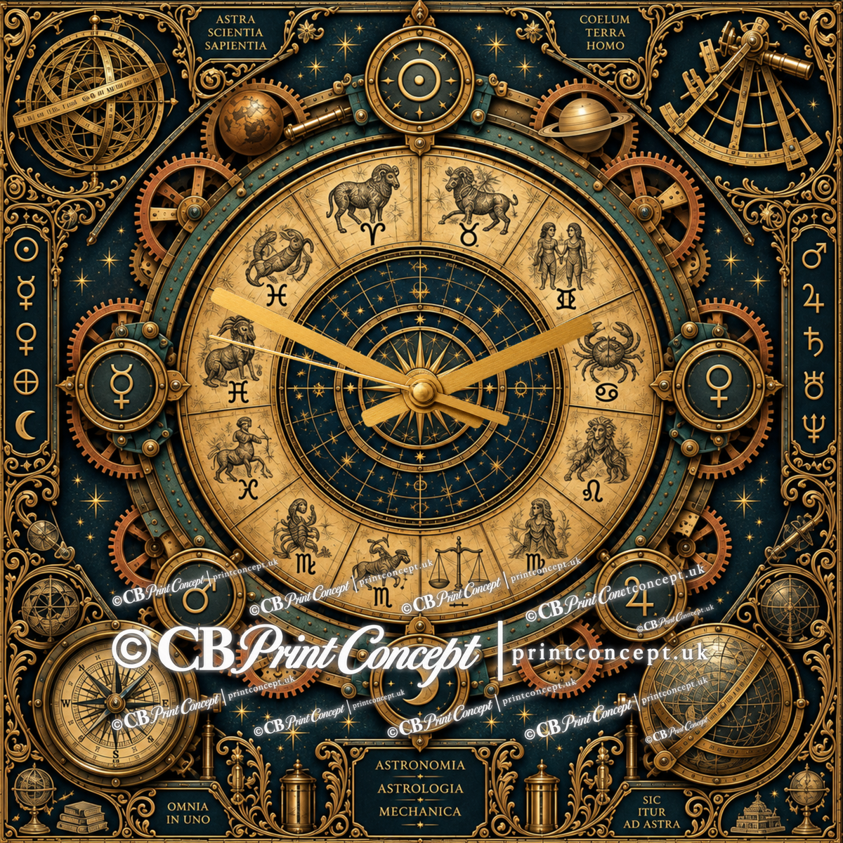 Square Astronomia Mechanica steampunk glass wall clock featuring a celestial zodiac wheel, planetary symbols, gears, compass, armillary sphere and antique astronomy instruments