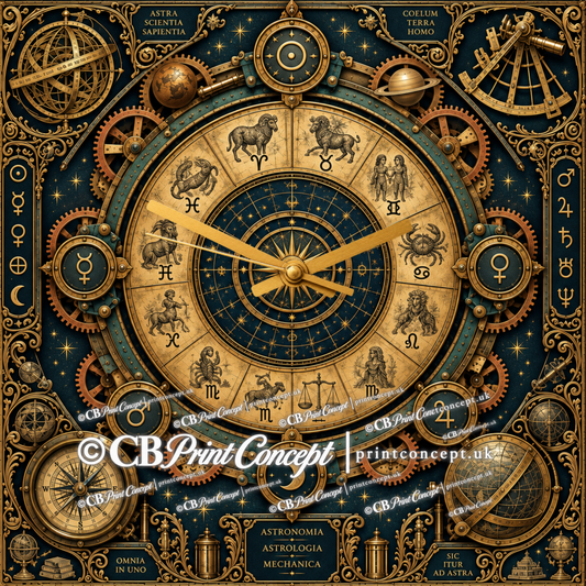 Square Astronomia Mechanica steampunk glass wall clock featuring a celestial zodiac wheel, planetary symbols, gears, compass, armillary sphere and antique astronomy instruments