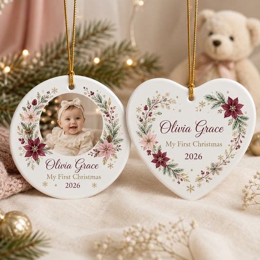 Baby’s First Christmas personalised round and heart ceramic ornament with photo