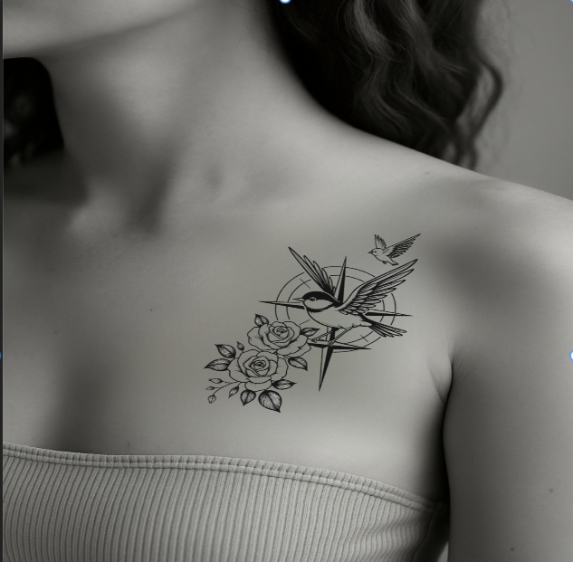 A beautifully detailed fine-line temporary tattoo featuring a graceful swallow, blooming roses, and the inspiring quote “Let Your Heart Find Its Way.”
Perfect for shoulder placement, self-expression, and meaningful aesthetic designs.