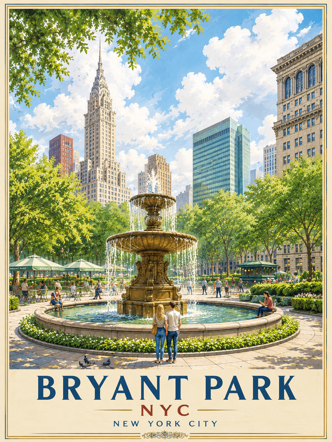 Bryant Park NYC Travel Poster featuring the iconic fountain, Manhattan skyline, tree-lined walkways and vibrant New York City park scenery