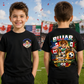 Personalised World Cup 2026 football T-shirt for kids featuring custom name and colourful football-inspired design