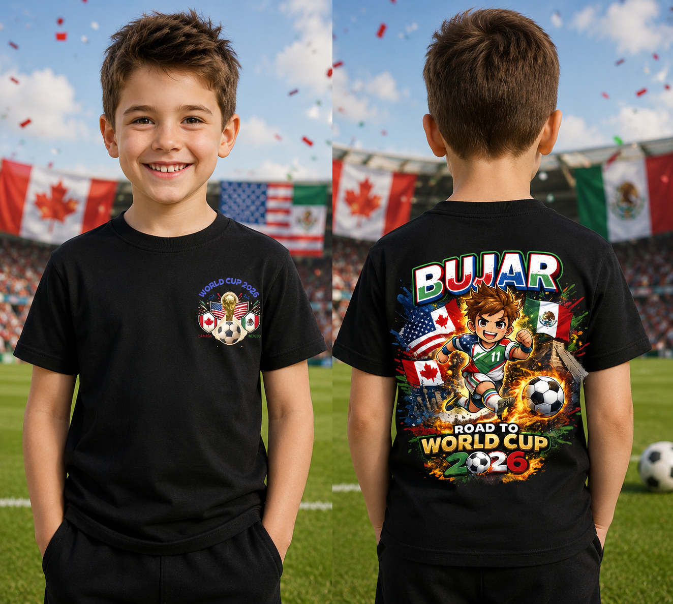Personalised World Cup 2026 football T-shirt for kids featuring custom name and colourful football-inspired design