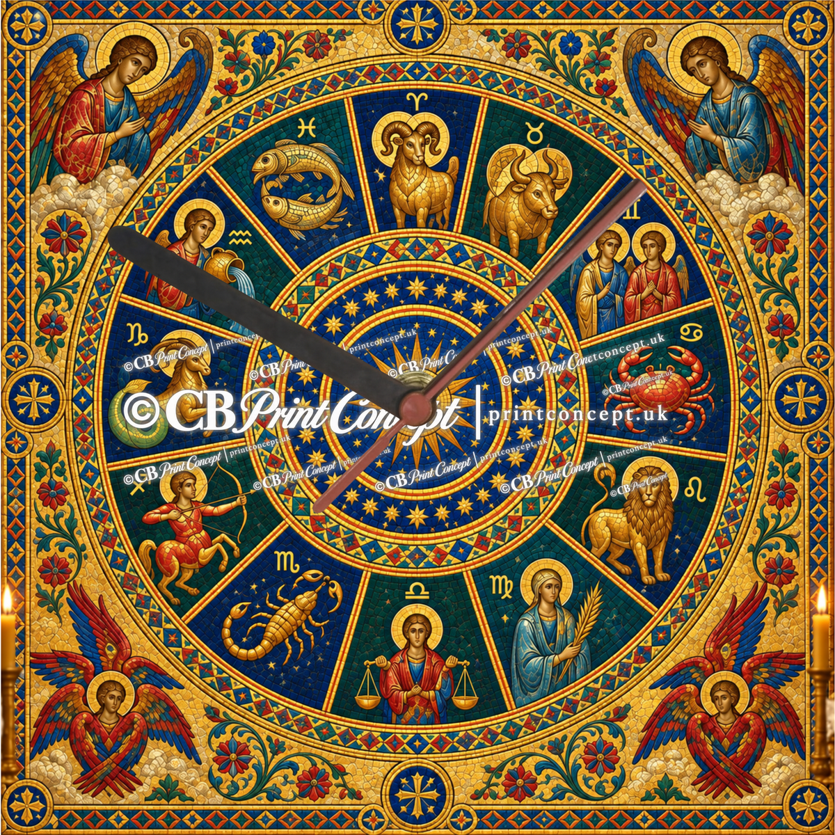 Byzantine-inspired zodiac glass wall clock with celestial symbols, angelic figures and rich blue, red and antique-gold mosaic-style decoration.