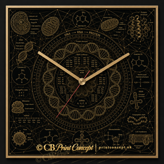 Square black and gold wall clock featuring DNA, RNA, protein structures and molecular biology illustrations
