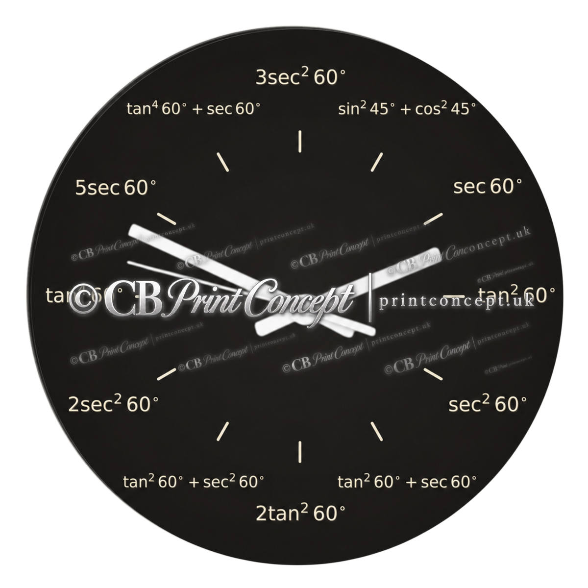 Round black trigonometry glass wall clock featuring mathematical expressions with tan, sec, sin and cos functions in place of traditional hour numbers