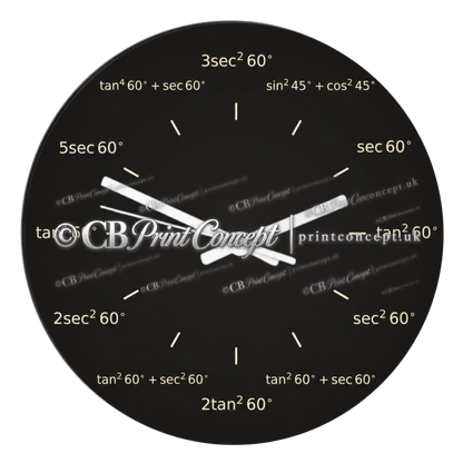 Round black trigonometry glass wall clock featuring mathematical expressions with tan, sec, sin and cos functions in place of traditional hour numbers