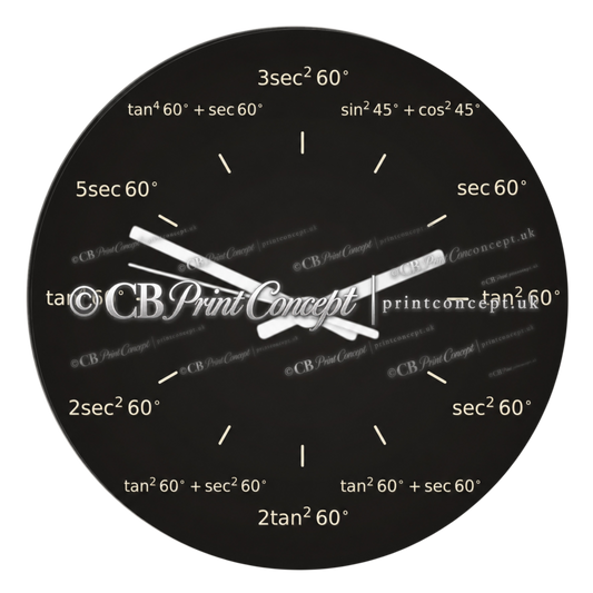 Round black trigonometry glass wall clock featuring mathematical expressions with tan, sec, sin and cos functions in place of traditional hour numbers