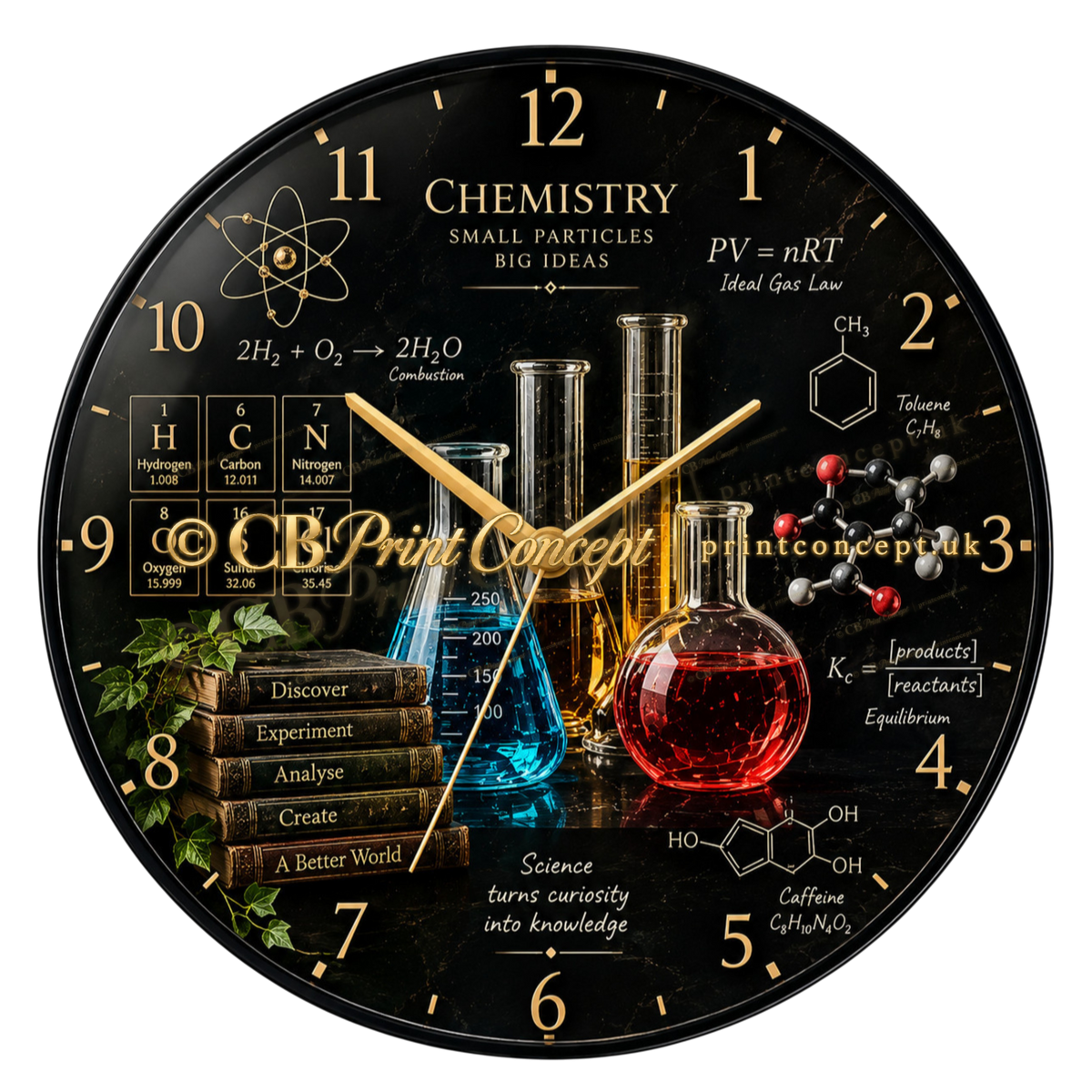 Round chemistry laboratory glass wall clock with colourful flasks, molecular structures, periodic-table elements and scientific equations on a black background