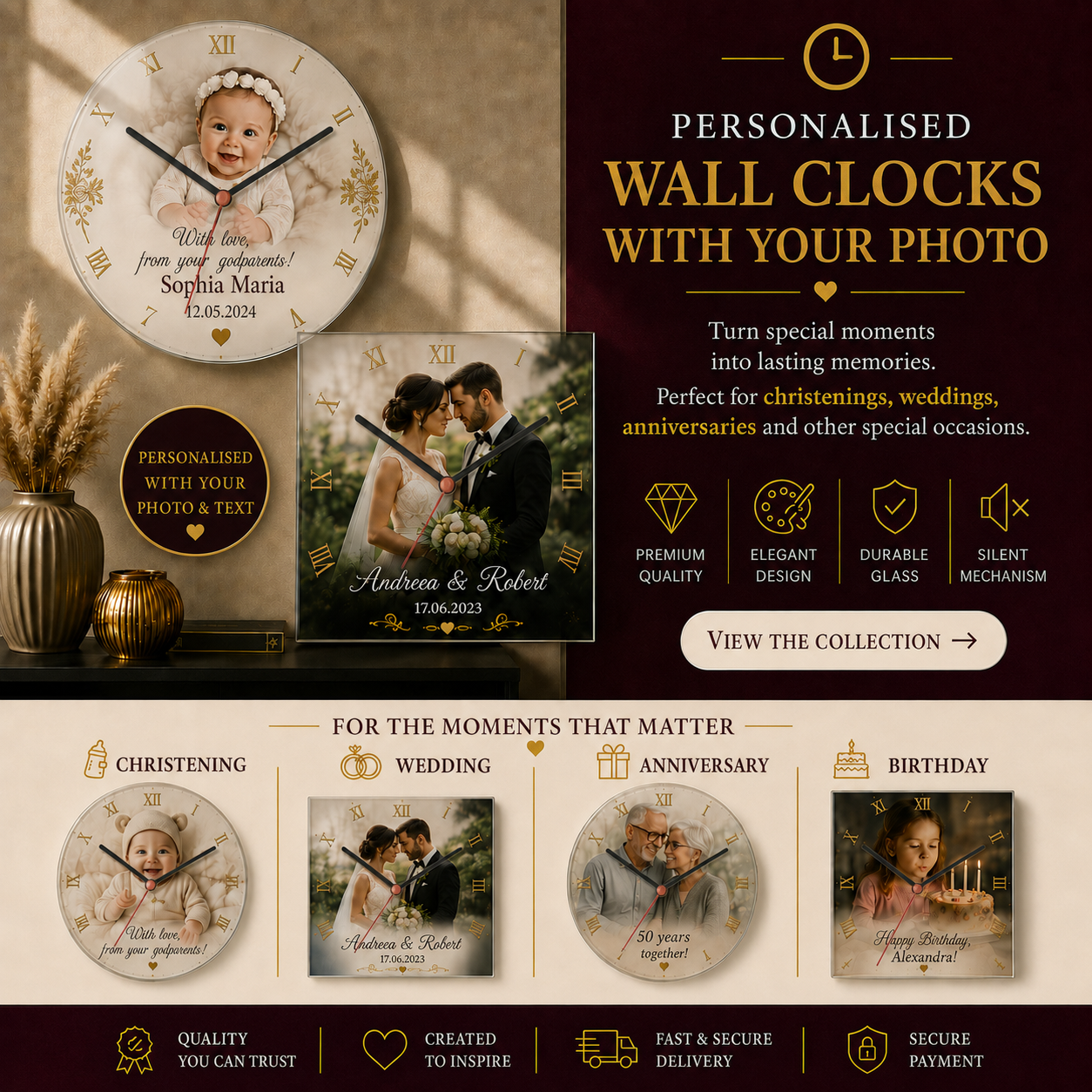 Personalised glass wall clock with custom photo and text, available in round and square shapes