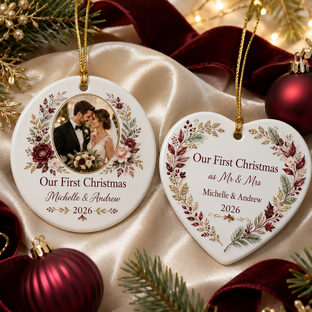 Personalised first married Christmas round and heart ceramic ornament with wedding photo and essage