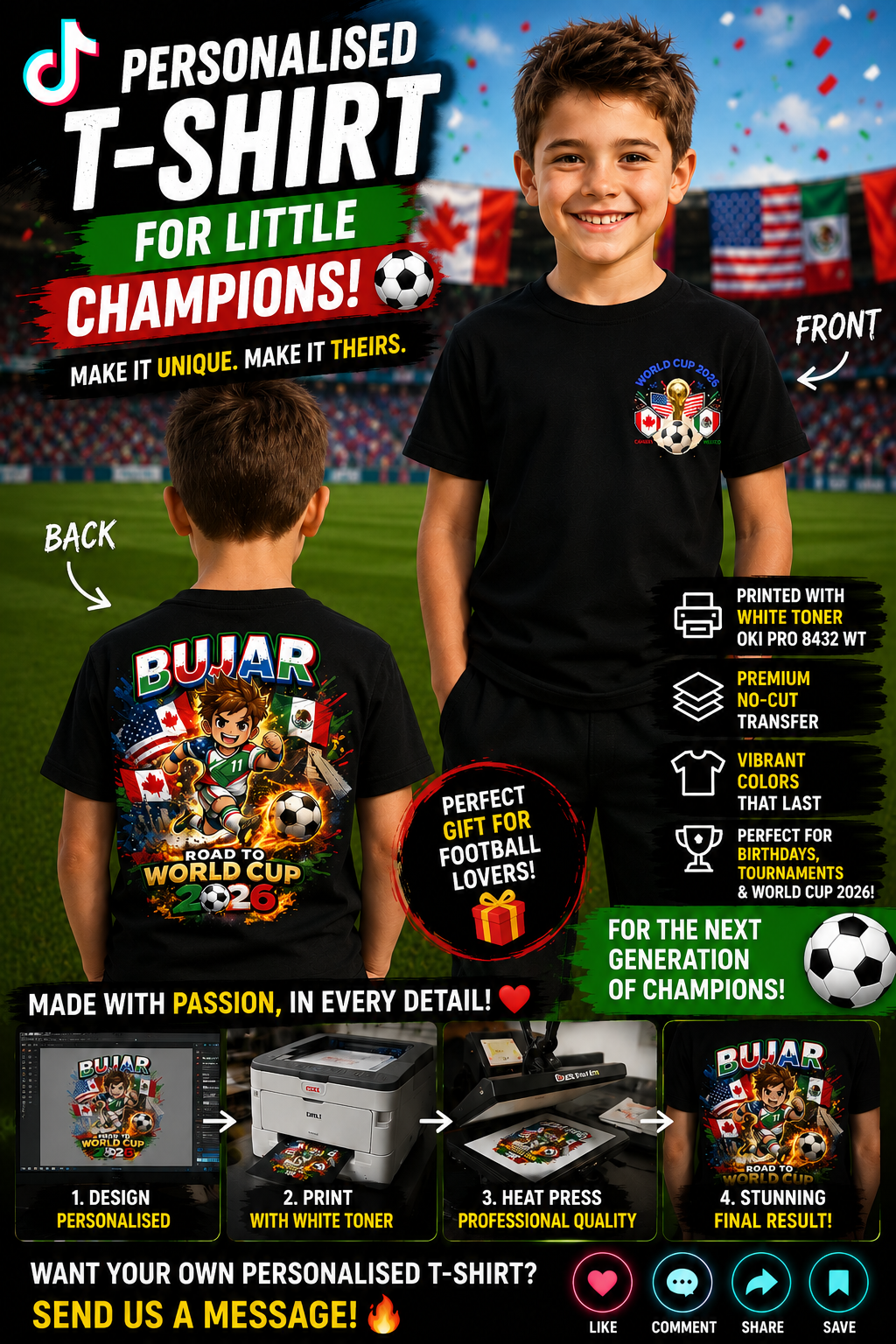 Personalised World Cup 2026 football T-shirt for kids featuring custom name and colourful football-inspired design