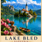 Lake Bled poster featuring Slovenia's iconic island church, emerald lake, traditional wooden boat and stunning Julian Alps in a premium scenic travel poster style.