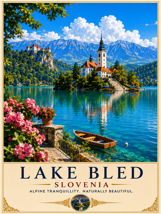 Lake Bled poster featuring Slovenia's iconic island church, emerald lake, traditional wooden boat and stunning Julian Alps in a premium scenic travel poster style.