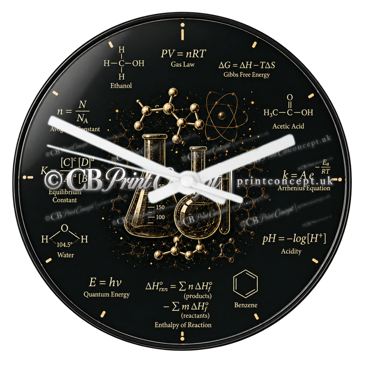 Round black and gold chemistry glass wall clock featuring scientific formulas, laboratory flasks, molecular structures and chemistry equations