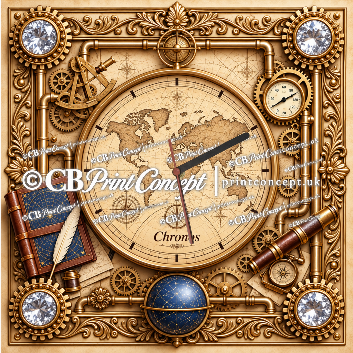 Square Chronos Navigator steampunk glass wall clock featuring an antique world map, sextant, telescope, celestial globe, copper pipes and ornate gold detailing