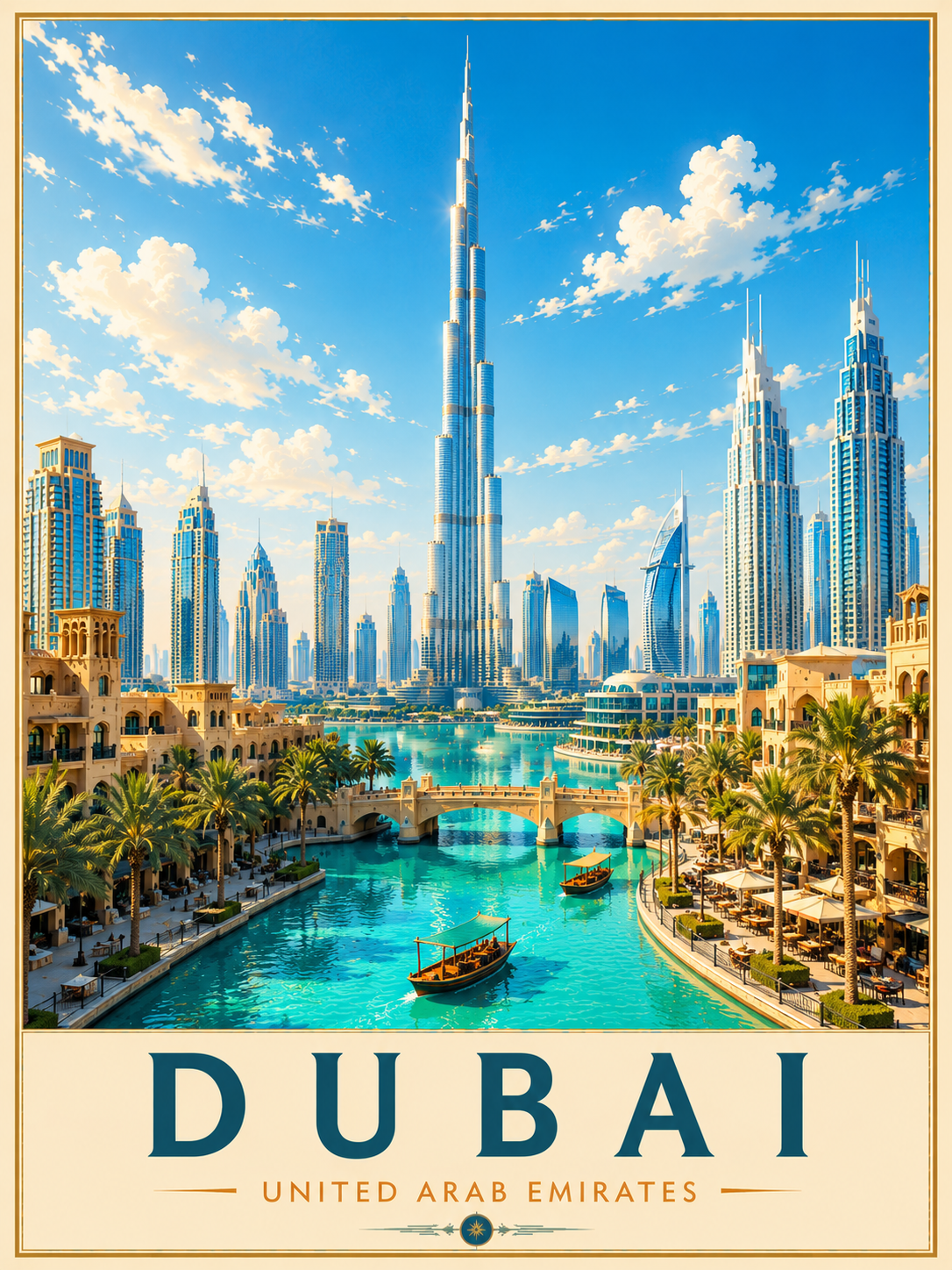 Dubai Travel Poster featuring the Burj Khalifa, modern skyscrapers, waterfront canals, palm trees and vibrant United Arab Emirates cityscape artwork