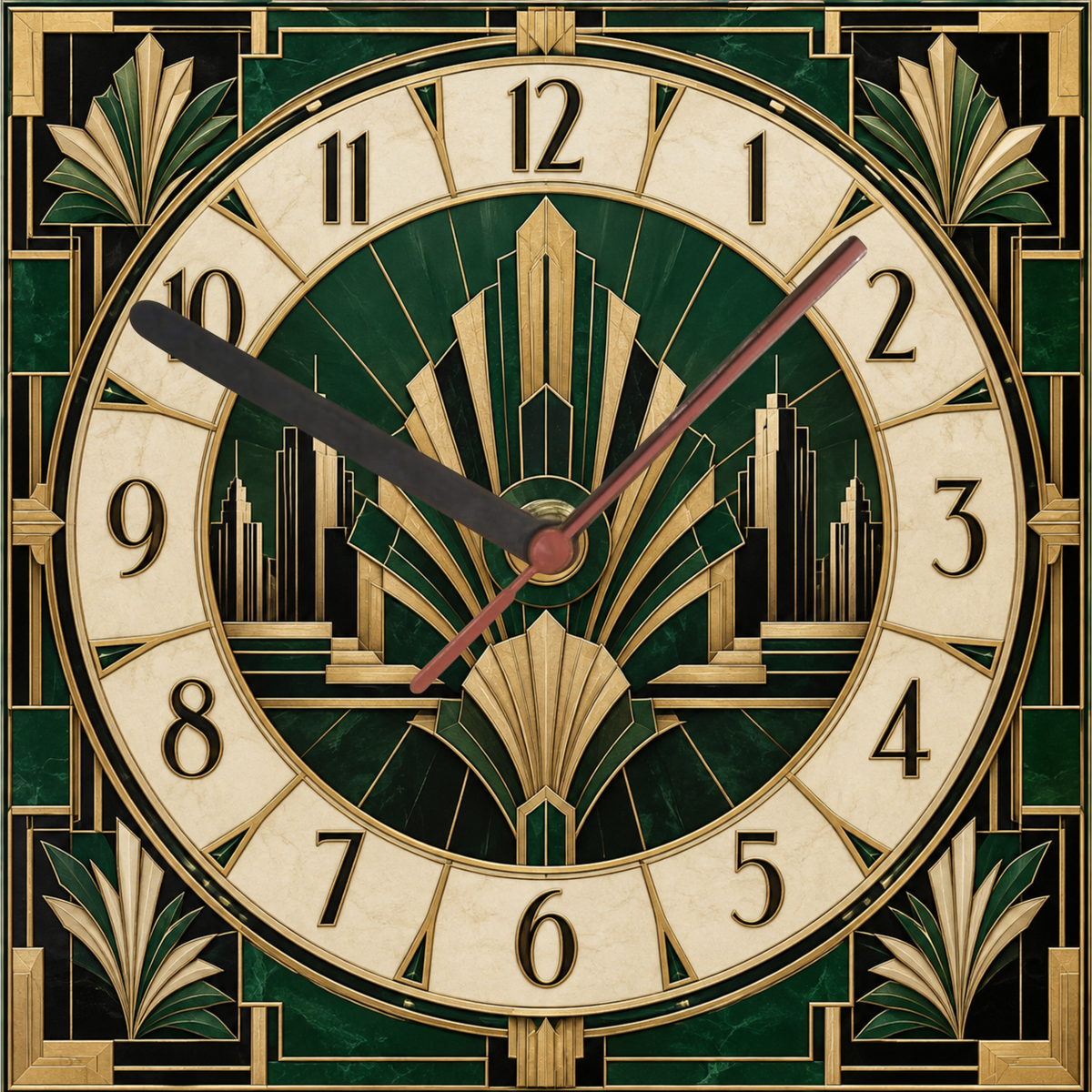 Square Emerald City Art Deco glass wall clock with Arabic numerals, emerald green architectural geometry, black accents and antique-gold detailing
