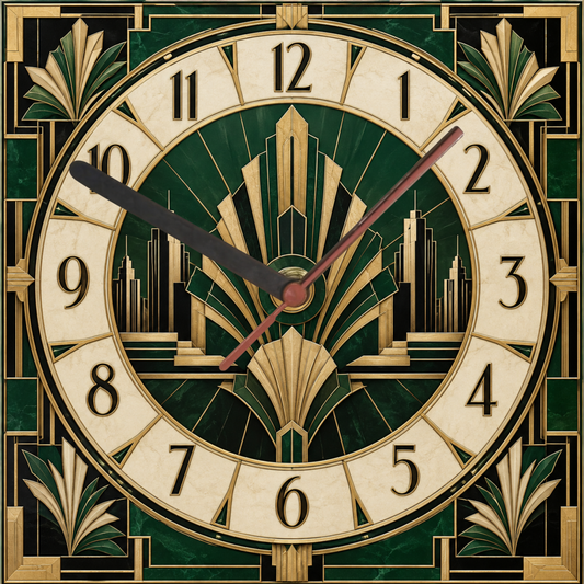Square Emerald City Art Deco glass wall clock with Arabic numerals, emerald green architectural geometry, black accents and antique-gold detailing