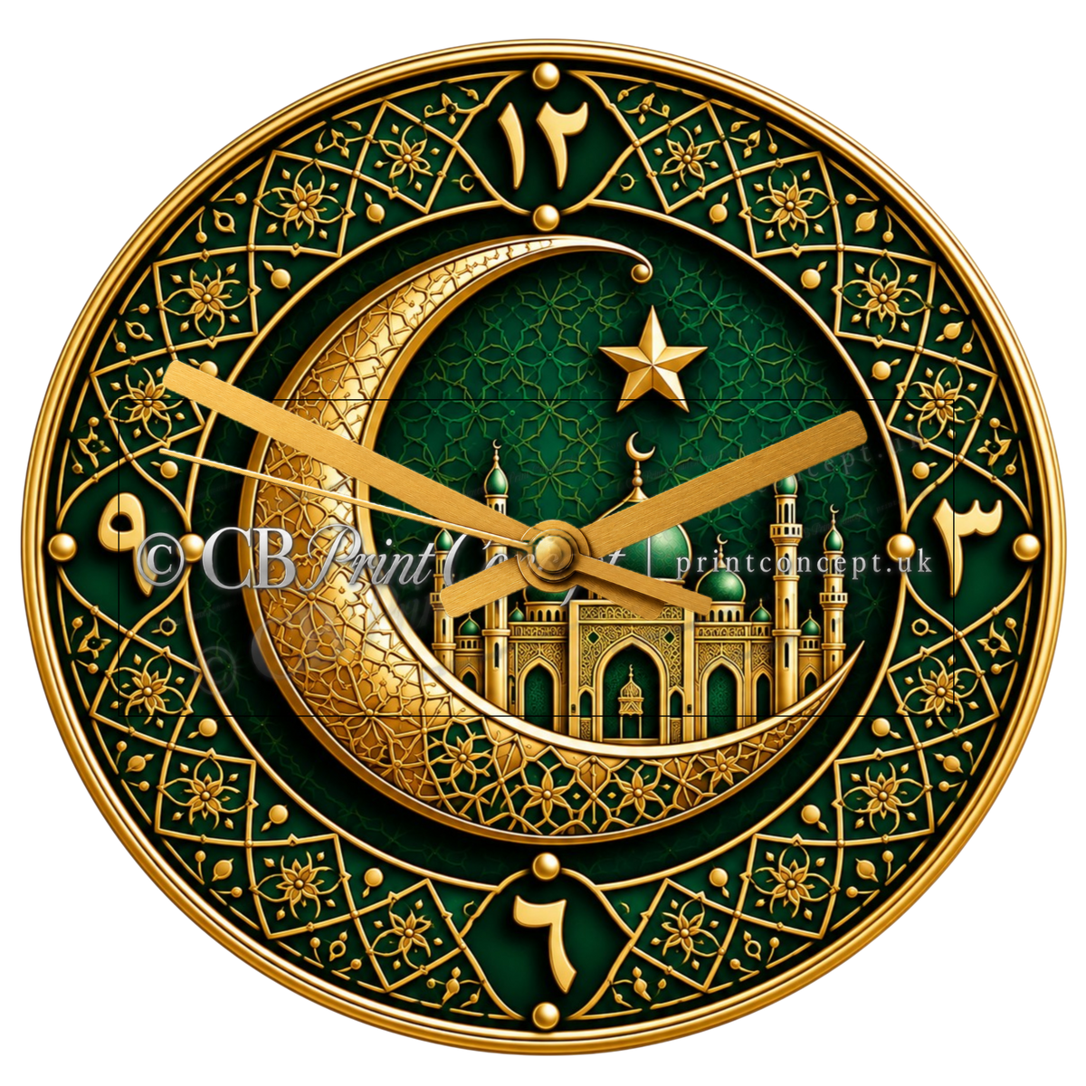 Luxury Islamic wall clock with a golden crescent moon, elegant mosque motif and emerald green background. Premium 30 cm glass clock by CB Print Concept.