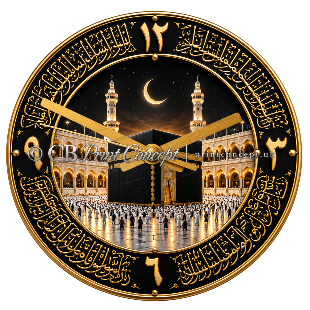 Round Golden Mosque Nightscape Islamic glass wall clock featuring an illuminated mosque, crescent moon, water reflection and ornate blue-and-gold floral arabesque border