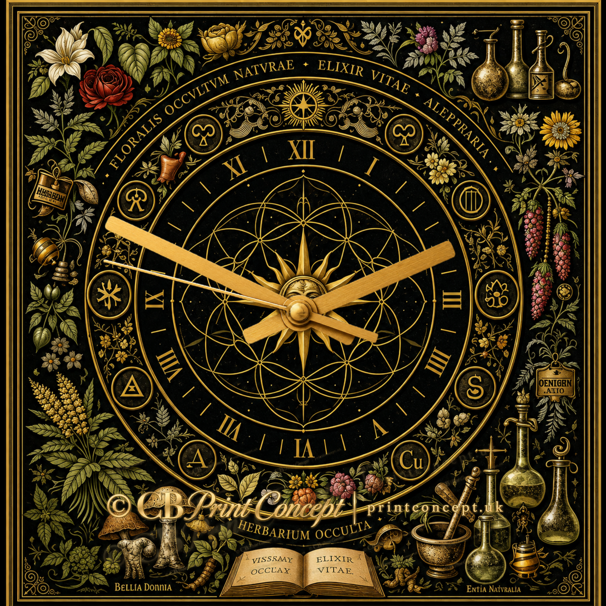 Square Herbarium Occulta & Elixir Vitae botanical alchemy glass wall clock with Roman numerals, sacred geometry, herbs, mushrooms and antique-gold laboratory symbols