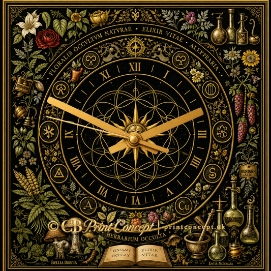 Square Herbarium Occulta & Elixir Vitae botanical alchemy glass wall clock with Roman numerals, sacred geometry, herbs, mushrooms and antique-gold laboratory symbols