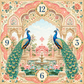 Jaipur Pink Indian Peacock Palace square glass wall clock with blue peacocks, lotus flowers and decorative numerals