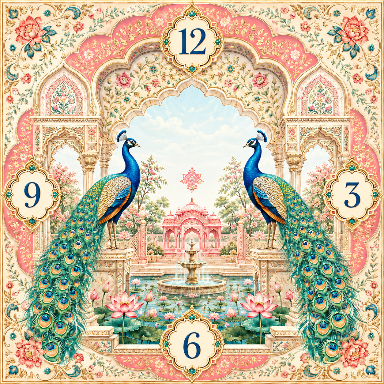 Jaipur Pink Indian Peacock Palace square glass wall clock with blue peacocks, lotus flowers and decorative numerals