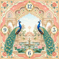 Jaipur Pink Indian Peacock Palace square glass wall clock with blue peacocks, lotus flowers and decorative numerals