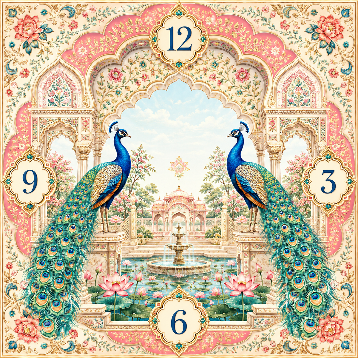 Jaipur Pink Indian Peacock Palace square glass wall clock with blue peacocks, lotus flowers and decorative numerals