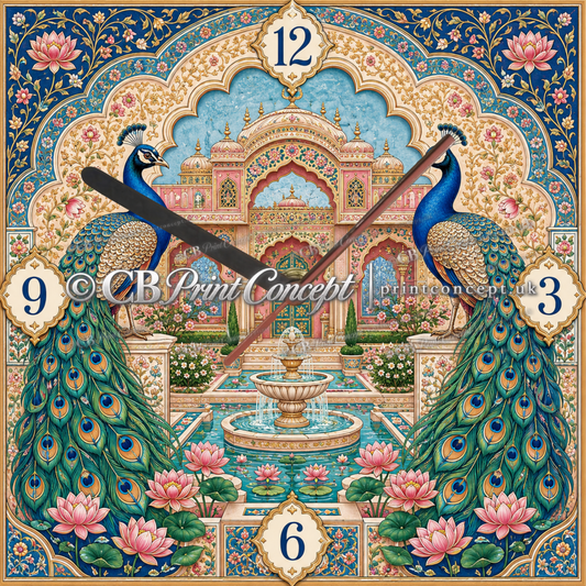 A square printed glass wall clock featuring an overlaid with a colorful illustration of peacocks and an ornate palace scene.