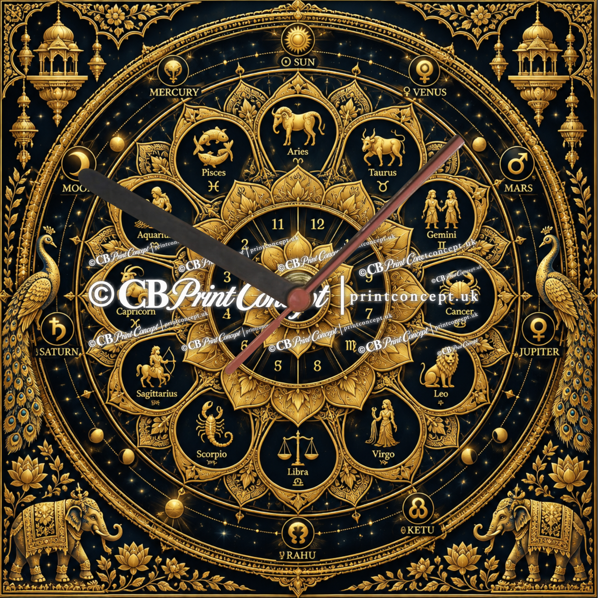 Square black and gold Indian-inspired zodiac wall clock featuring twelve zodiac signs, celestial symbols, lotus ornaments, peacocks and elephants